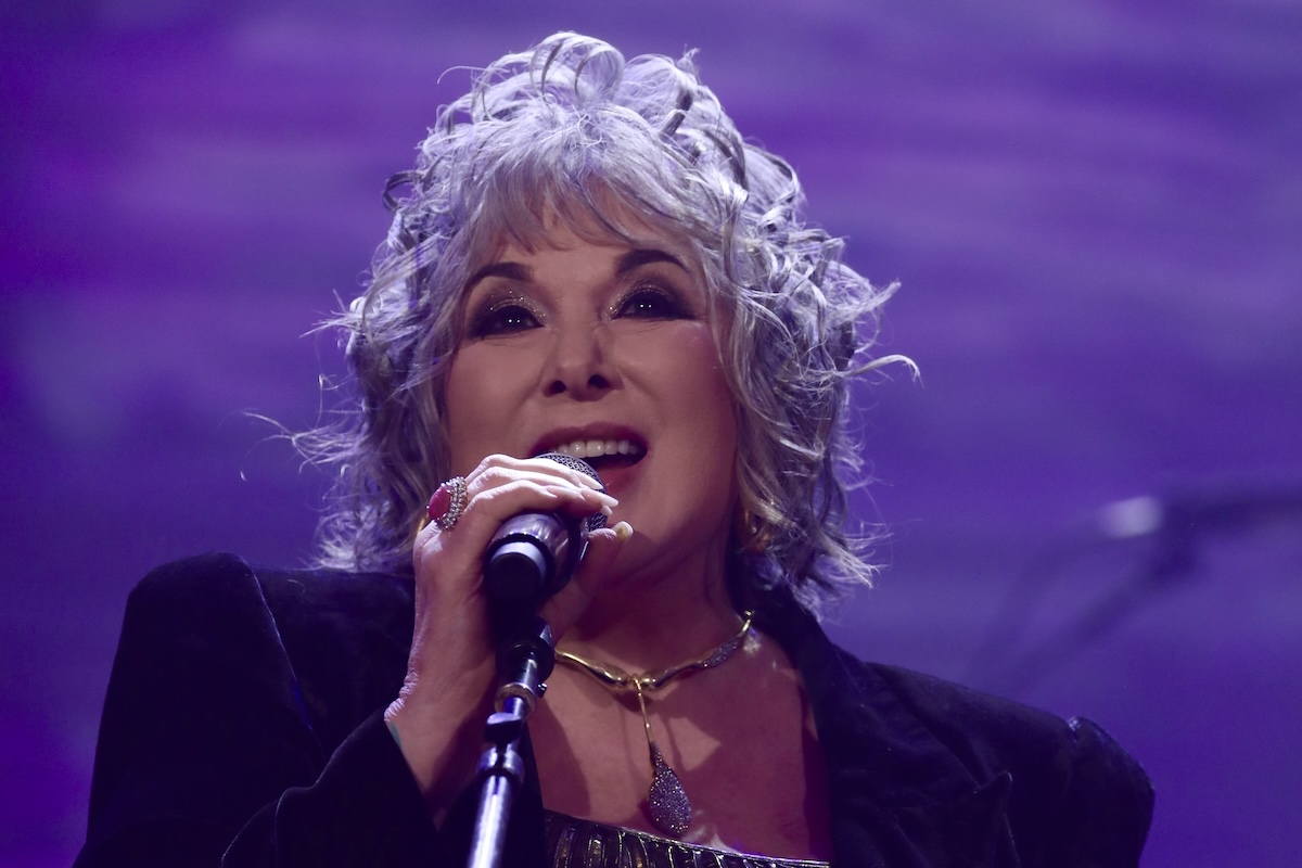 Heart lead singer Ann Wilson performing live on stage, smiling into a microphone under purple concert lighting with curly silver hair.